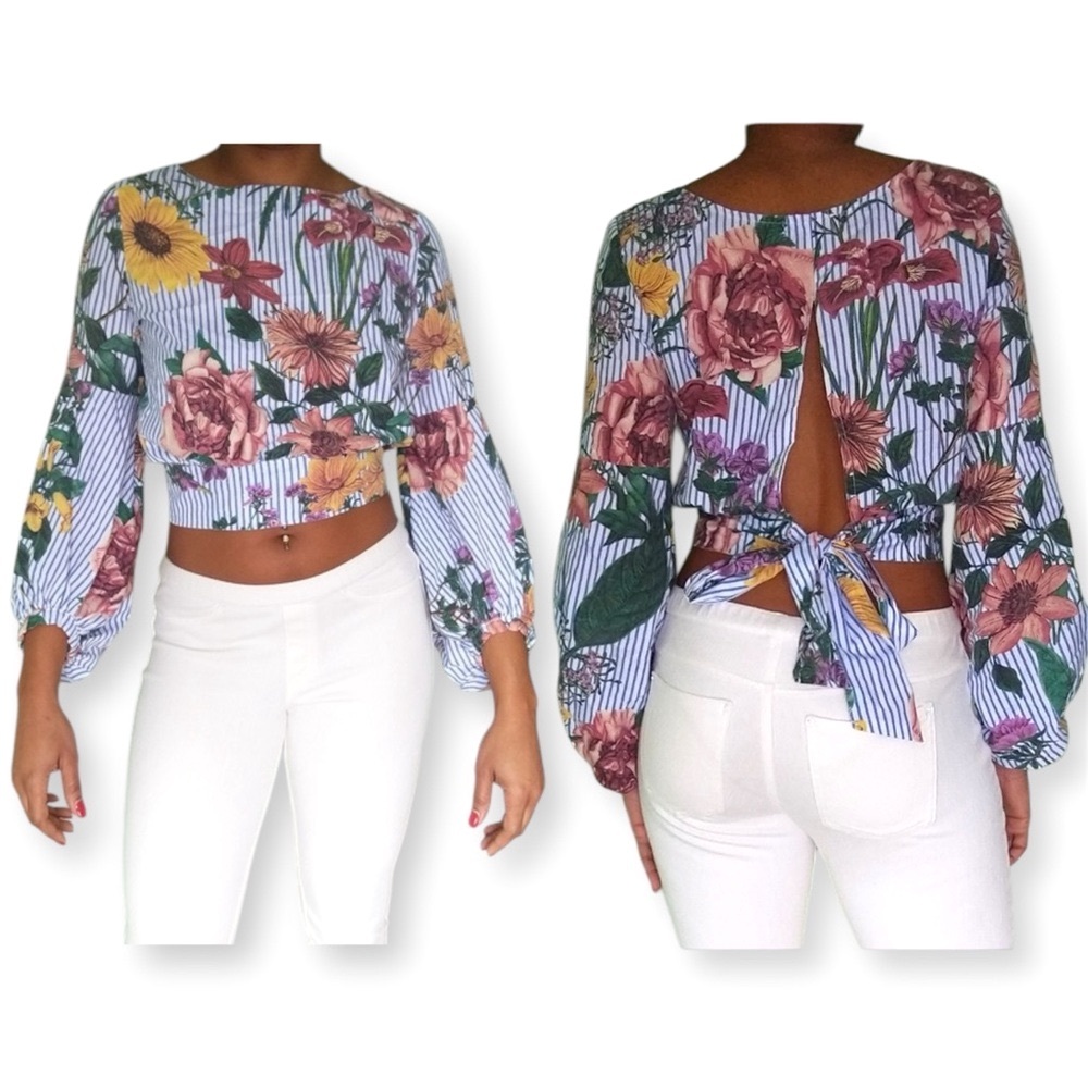 Jeuvre Floral and Stripes Balloon Sleeve Tie-Back Cropped Top - Picture 3 of 15